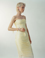 BEATRIZ - STRAPLESS PLEATED SILK GOWN WITH CORSET AND FRINGE STRAPS
