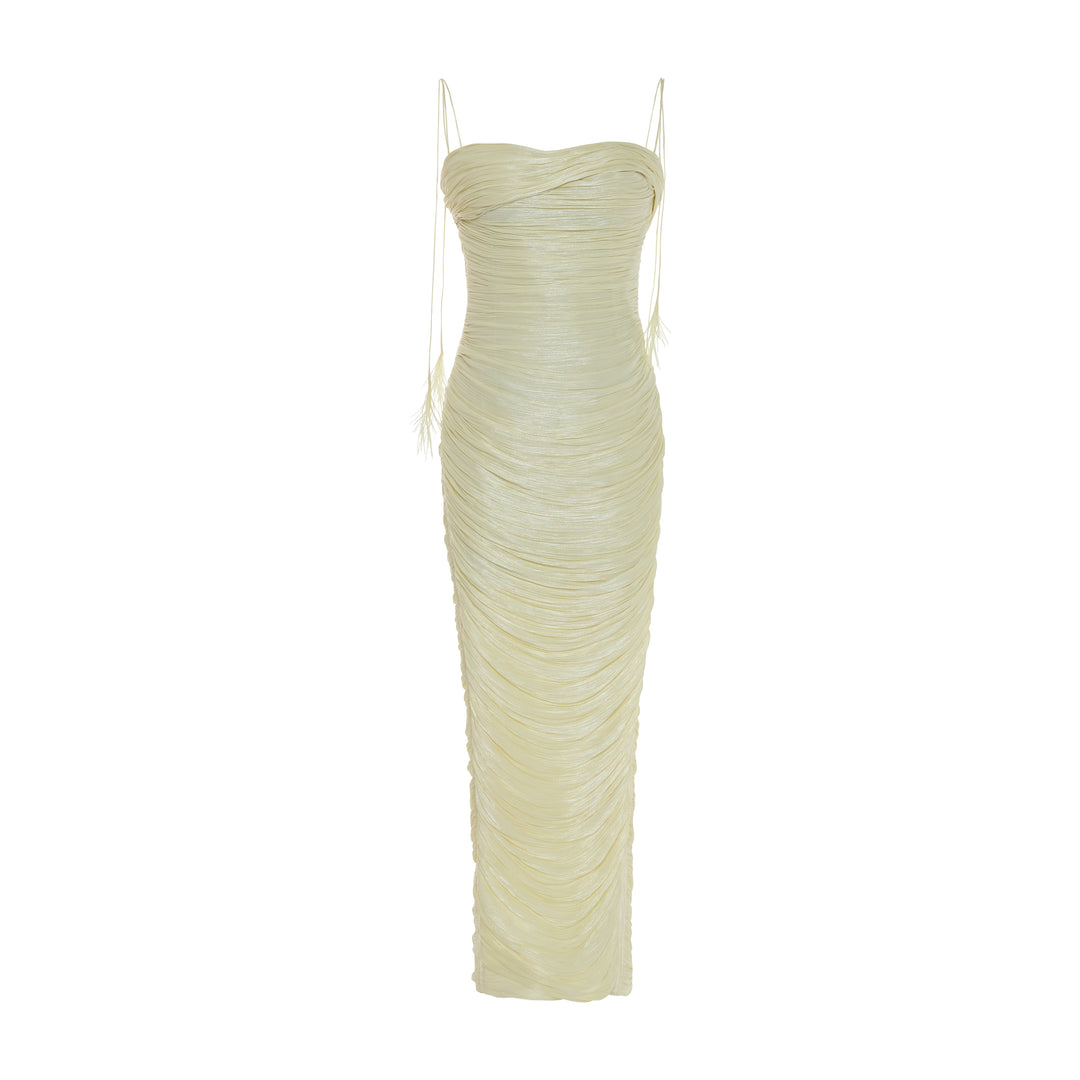 BEATRIZ - STRAPLESS PLEATED SILK GOWN WITH CORSET AND FRINGE STRAPS