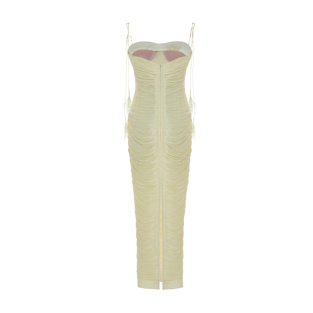BEATRIZ - STRAPLESS PLEATED SILK GOWN WITH CORSET AND FRINGE STRAPS