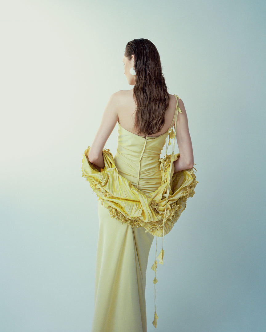 LISANDRA - ONE-STRAP DRAPED SATIN GOWN WITH CORSET