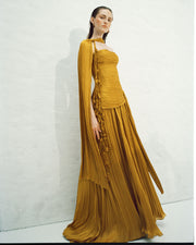 CARIDAD - STRAPLESS PLEATED SILK A-LINE GOWN WITH CAPE