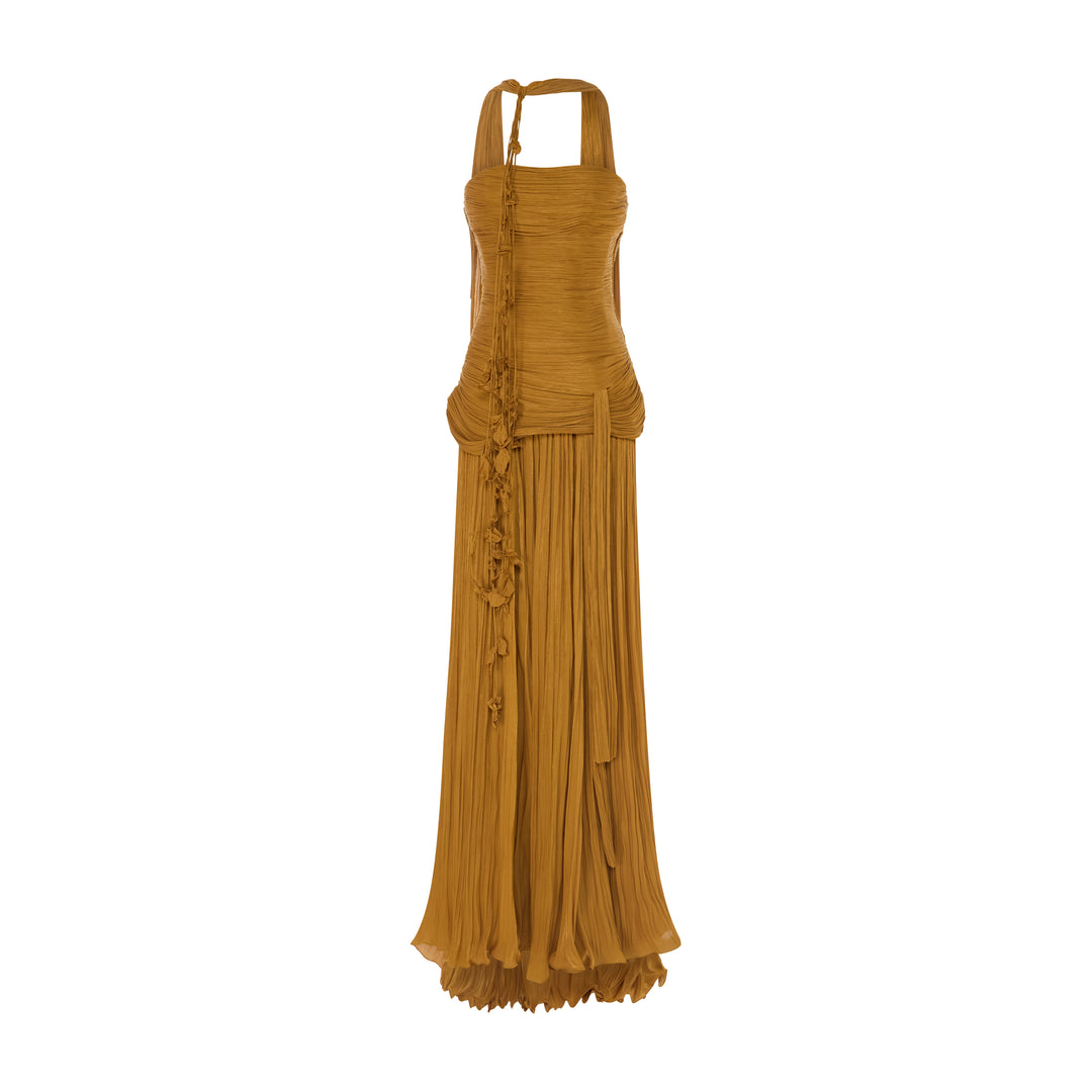 CARIDAD - STRAPLESS PLEATED SILK A-LINE GOWN WITH CAPE