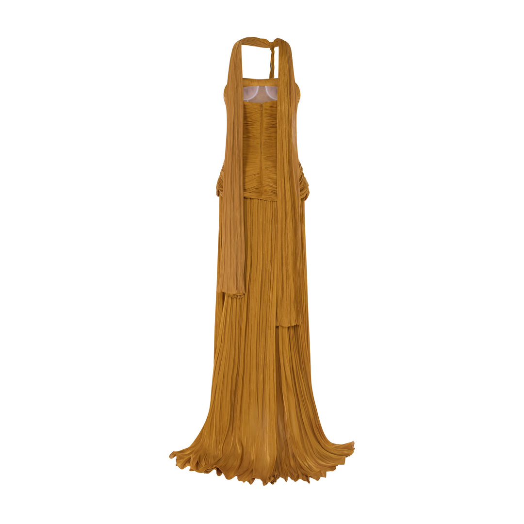 CARIDAD - STRAPLESS PLEATED SILK A-LINE GOWN WITH CAPE