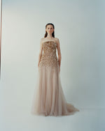 Load image into Gallery viewer, ODALYS - STRAPLESS GOLD EMBROIDERED GOWN WITH TULLE BOTTOM
