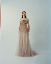 ODALYS - STRAPLESS GOLD EMBROIDERED GOWN WITH TULLE BOTTOM