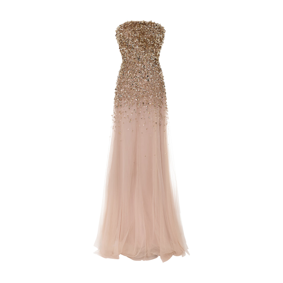 ODALYS - STRAPLESS GOLD EMBROIDERED GOWN WITH TULLE BOTTOM