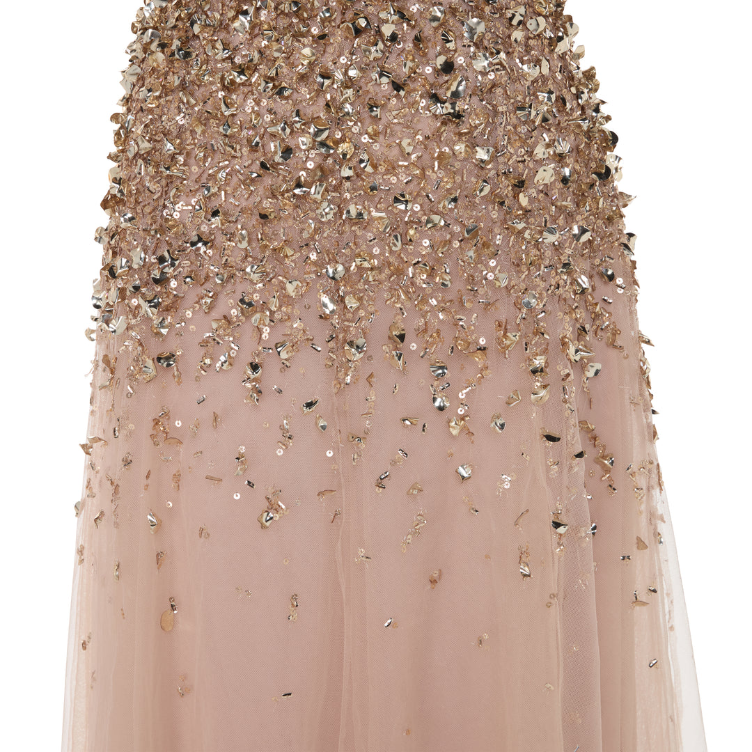 ODALYS - STRAPLESS GOLD EMBROIDERED GOWN WITH TULLE BOTTOM