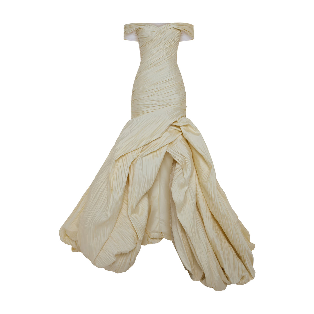 YULIET - OFF-SHOULDER PLEATED TAFFETA FISH-CUT GOWN