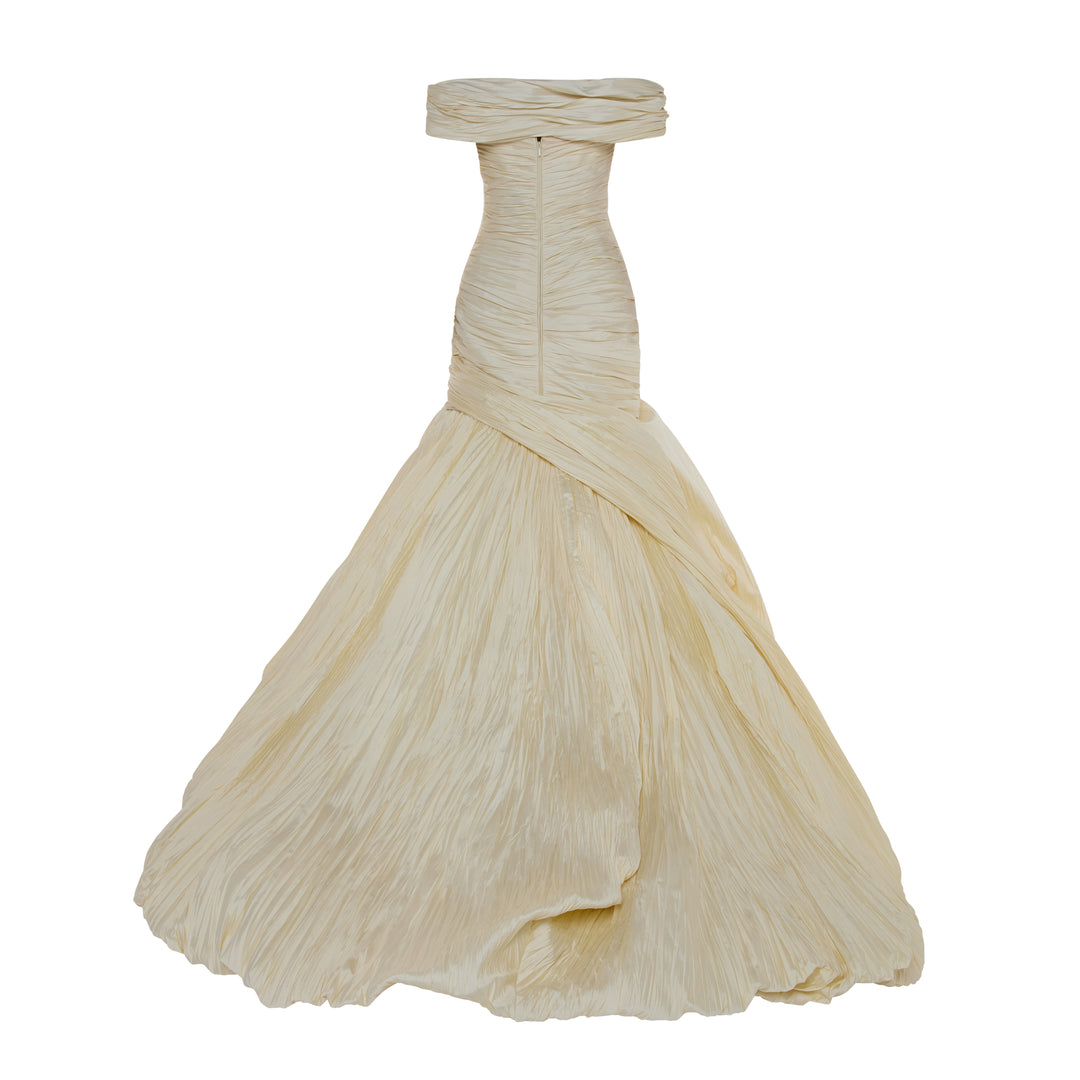 YULIET - OFF-SHOULDER PLEATED TAFFETA FISH-CUT GOWN