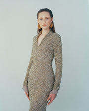 MILAGROS - LONG-SLEEVED EMBROIDERED GOWN WITH STRUCTURED COLLAR