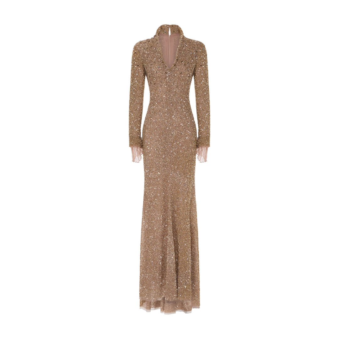 MILAGROS - LONG-SLEEVED EMBROIDERED GOWN WITH STRUCTURED COLLAR
