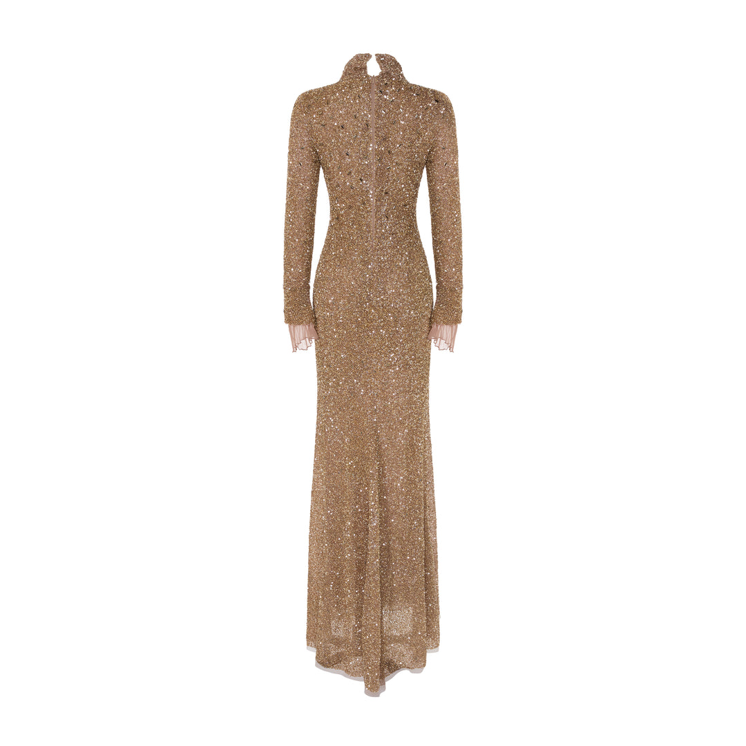 MILAGROS - LONG-SLEEVED EMBROIDERED GOWN WITH STRUCTURED COLLAR