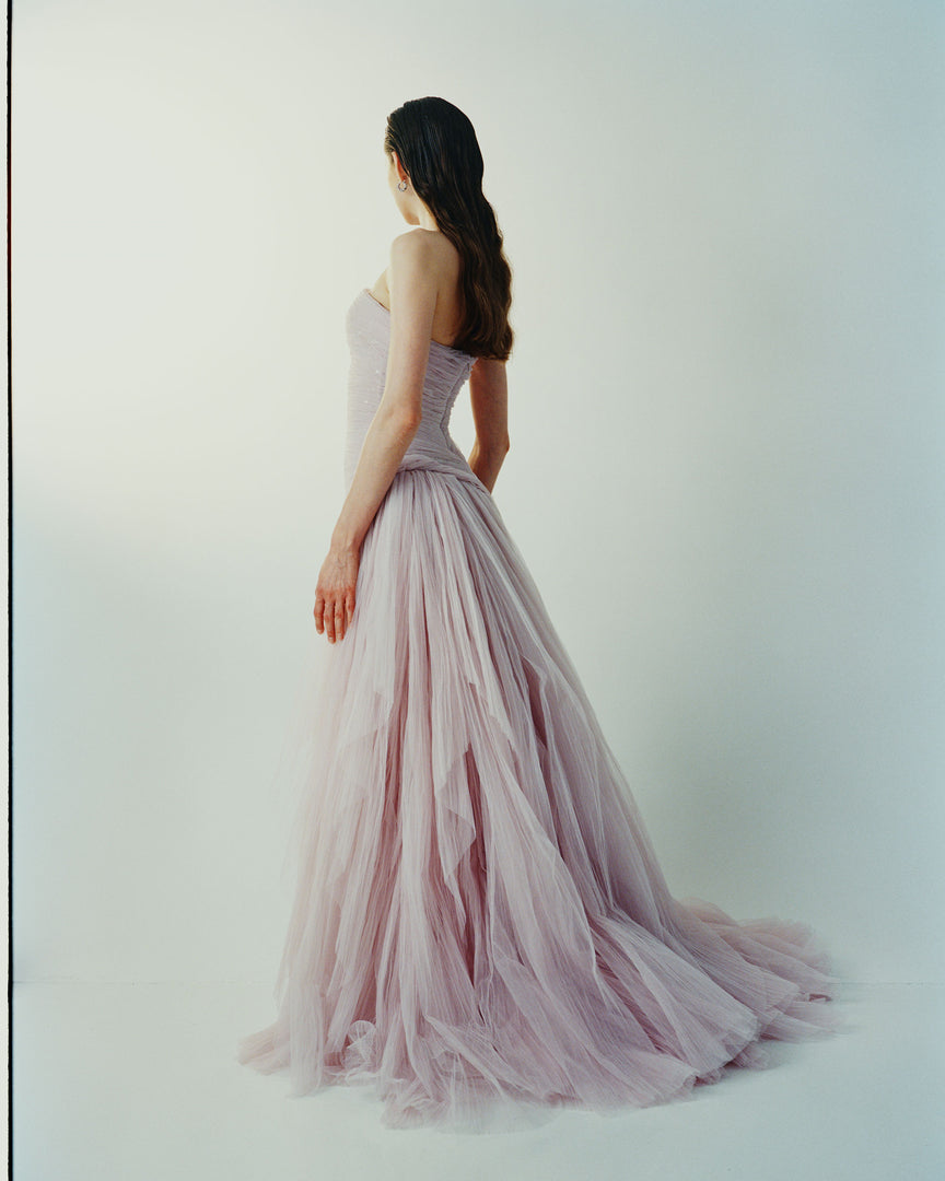 YAMARA - STRAPLESS PLEATED TULLE GOWN WITH DRAPED OVERSKIRT