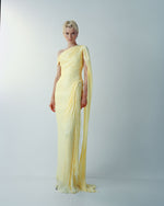 Load image into Gallery viewer, LEANDRA - ASYMMETRICAL PLEATED SILK GOWN WITH FRINGES AND ONE-SHOULDER CAPE
