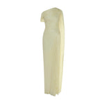 Load image into Gallery viewer, LEANDRA - ASYMMETRICAL PLEATED SILK GOWN WITH FRINGES AND ONE-SHOULDER CAPE
