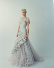 SELENA - ONE-SHOULDER PLEATED TAFFETA FISHTAIL GOWN WITH TULLE SKIRT