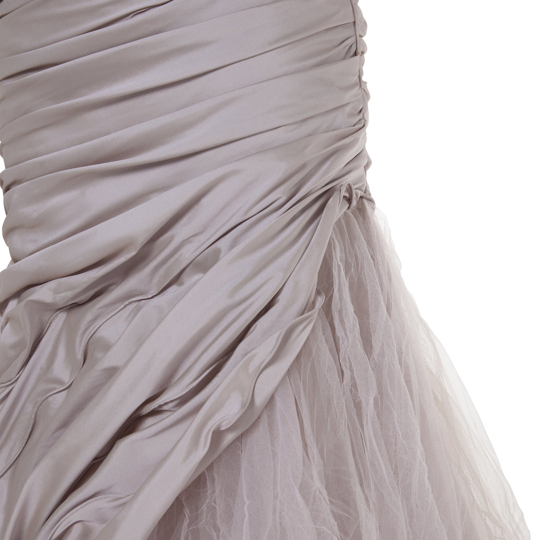 SELENA - ONE-SHOULDER PLEATED TAFFETA FISHTAIL GOWN WITH TULLE SKIRT