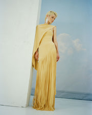 GISELLE - STRAPLESS CREPE GOWN WITH LASER-CUT FRINGES AND CAPE