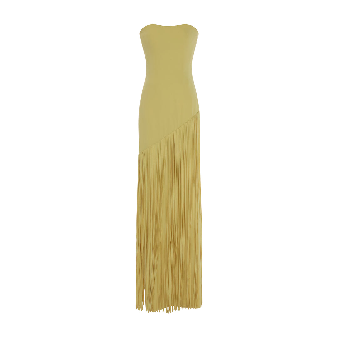 GISELLE - STRAPLESS CREPE GOWN WITH LASER-CUT FRINGES AND CAPE