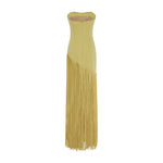 Load image into Gallery viewer, GISELLE - STRAPLESS CREPE GOWN WITH LASER-CUT FRINGES AND CAPE
