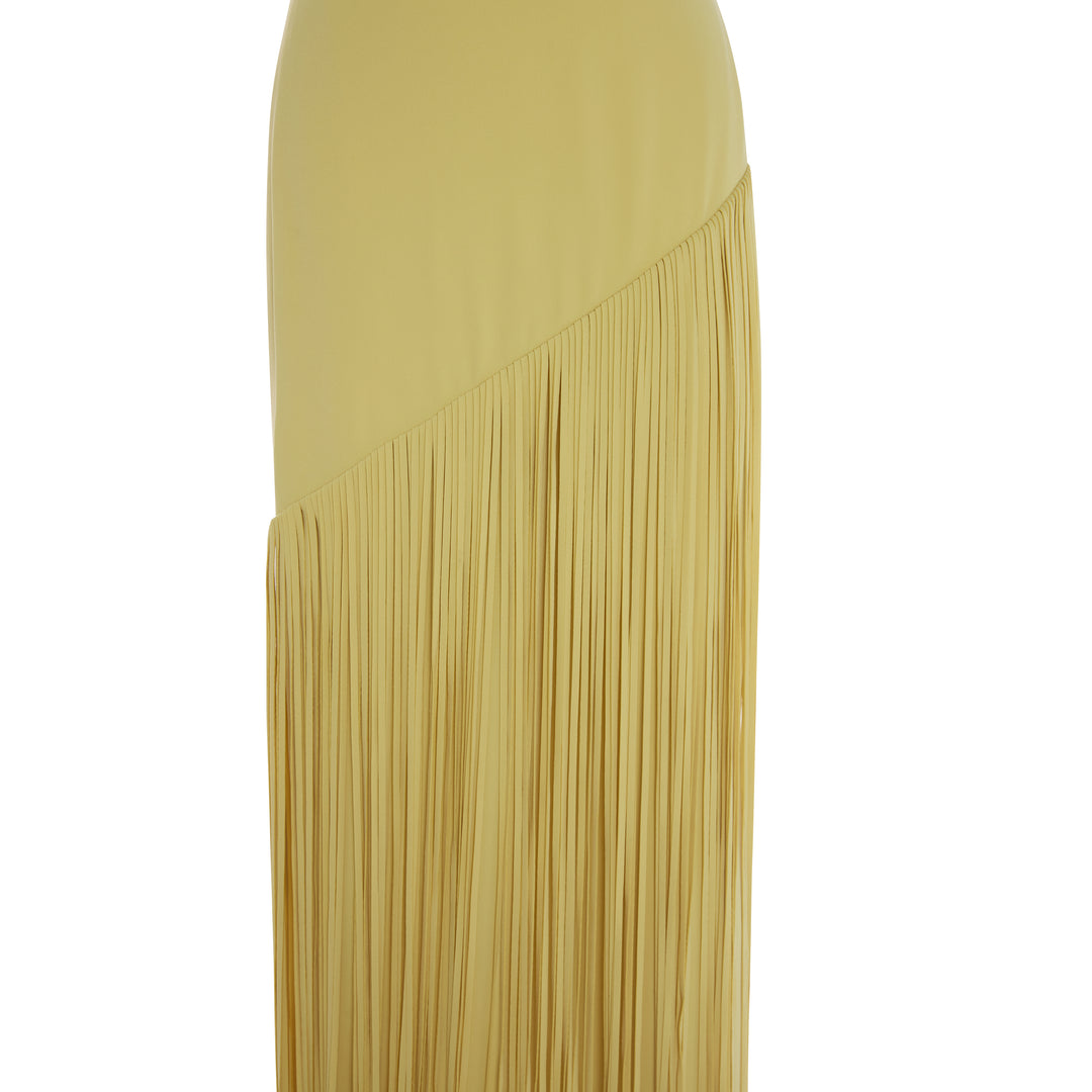 GISELLE - STRAPLESS CREPE GOWN WITH LASER-CUT FRINGES AND CAPE