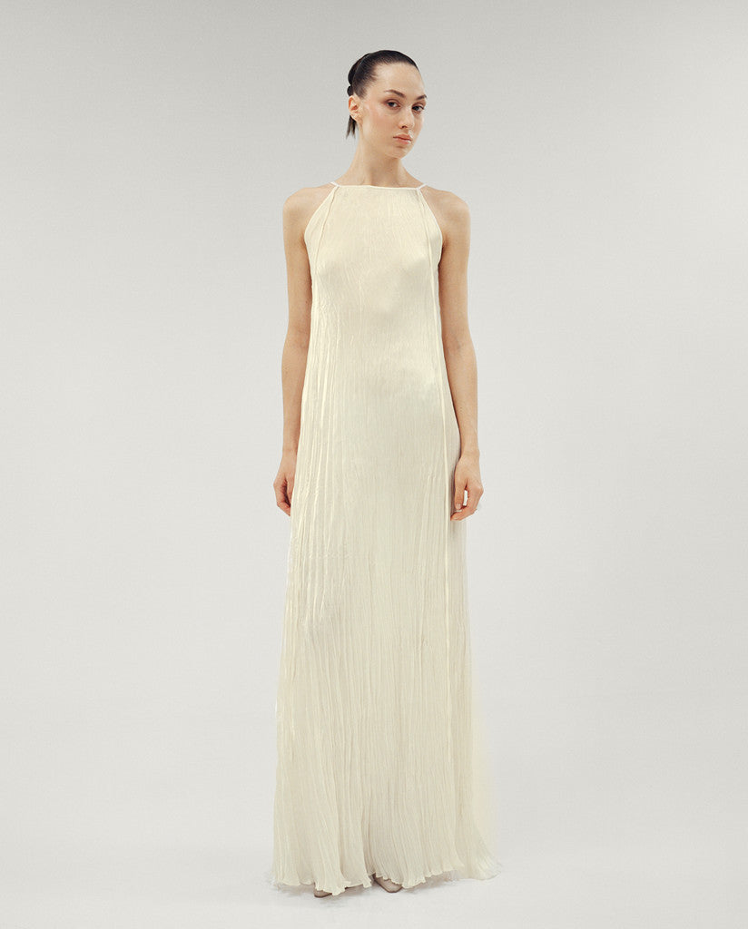 PLEATED SILK ROSEYA STRAIGHT CUT DRESS