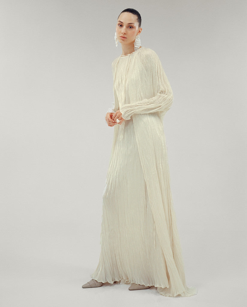 PLEATED SILK ROSEYA STRAIGHT CUT DRESS