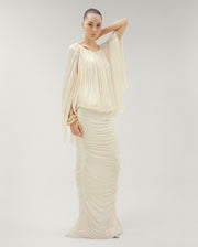 STRAPLESS SILK ROSEYA PLEATED DRESS