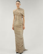 Load image into Gallery viewer, STRAPLESS SILK HAND PLEATED DRESS WITH HAND PLEATED CAPE
