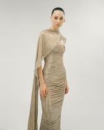 Load image into Gallery viewer, STRAPLESS SILK HAND PLEATED DRESS WITH HAND PLEATED CAPE
