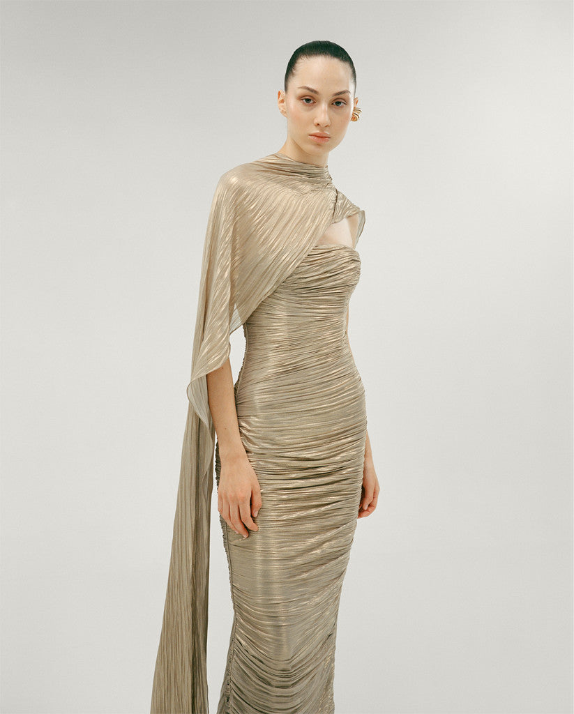 STRAPLESS SILK HAND PLEATED DRESS WITH HAND PLEATED CAPE