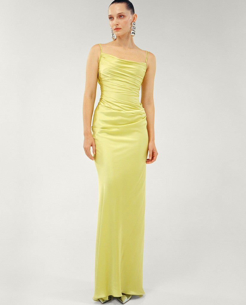 SILK SATIN DRAPED DRESS WITH DETAILED BACK
