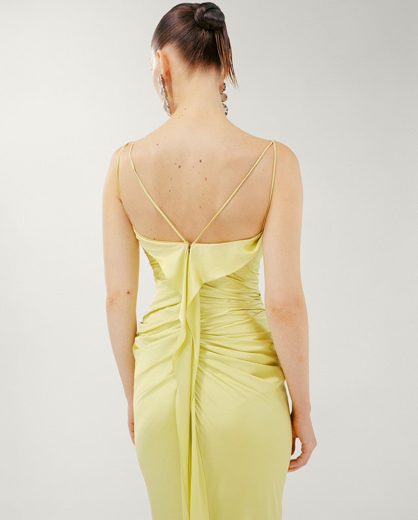 SILK SATIN DRAPED DRESS WITH DETAILED BACK