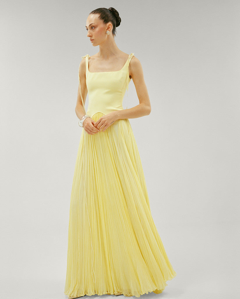Crepe HAND PLEATED SILK GEORGETTE A-LINE DRESS Yellow / 34 / Crepe Crepe HAND PLEATED SILK GEORGETTE A-LINE DRESS Yellow / 34 / Crepe