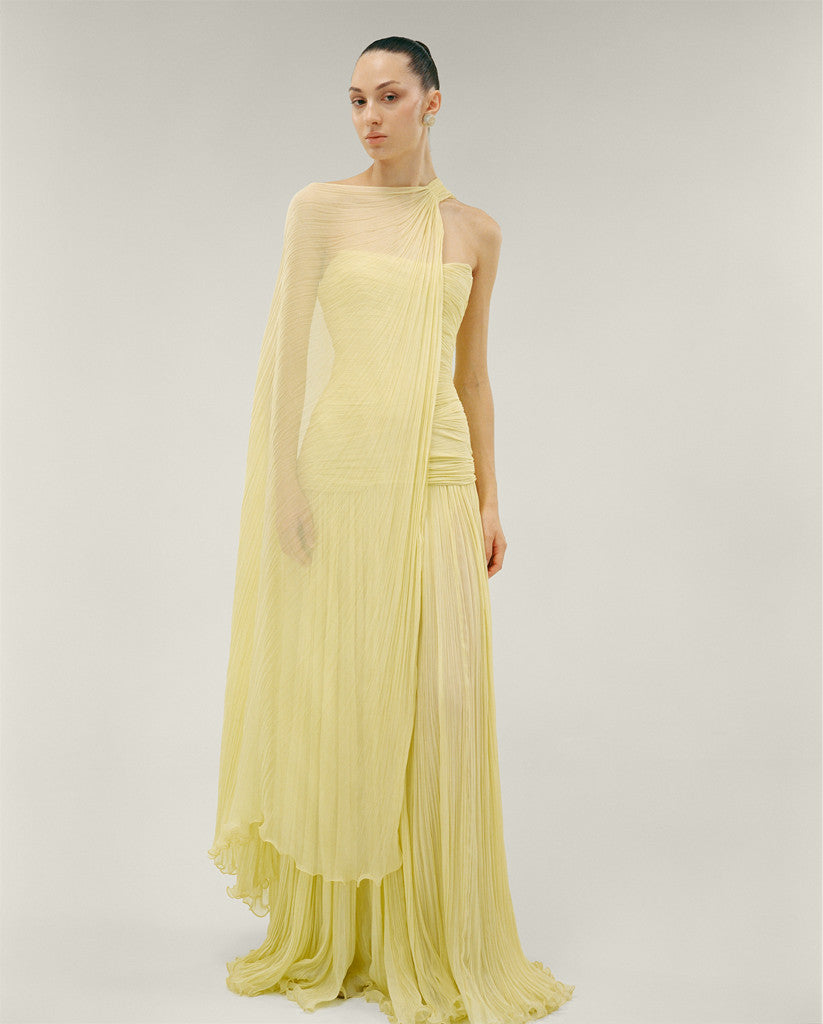 STRAPLESS PLEATED SILK GEORGETE DRESS WITH PLEATED CAPE Yellow / 46 / SILK Georgette STRAPLESS PLEATED SILK GEORGETE DRESS WITH PLEATED CAPE Yellow / 46 / SILK Georgette