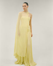 STRAPLESS PLEATED CHIFFON GEORGETE DRESS WITH PLEATED CAPE
