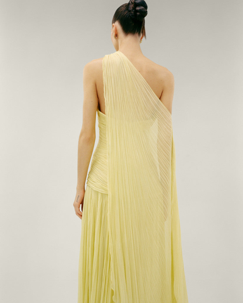 STRAPLESS PLEATED CHIFFON GEORGETE DRESS WITH PLEATED CAPE