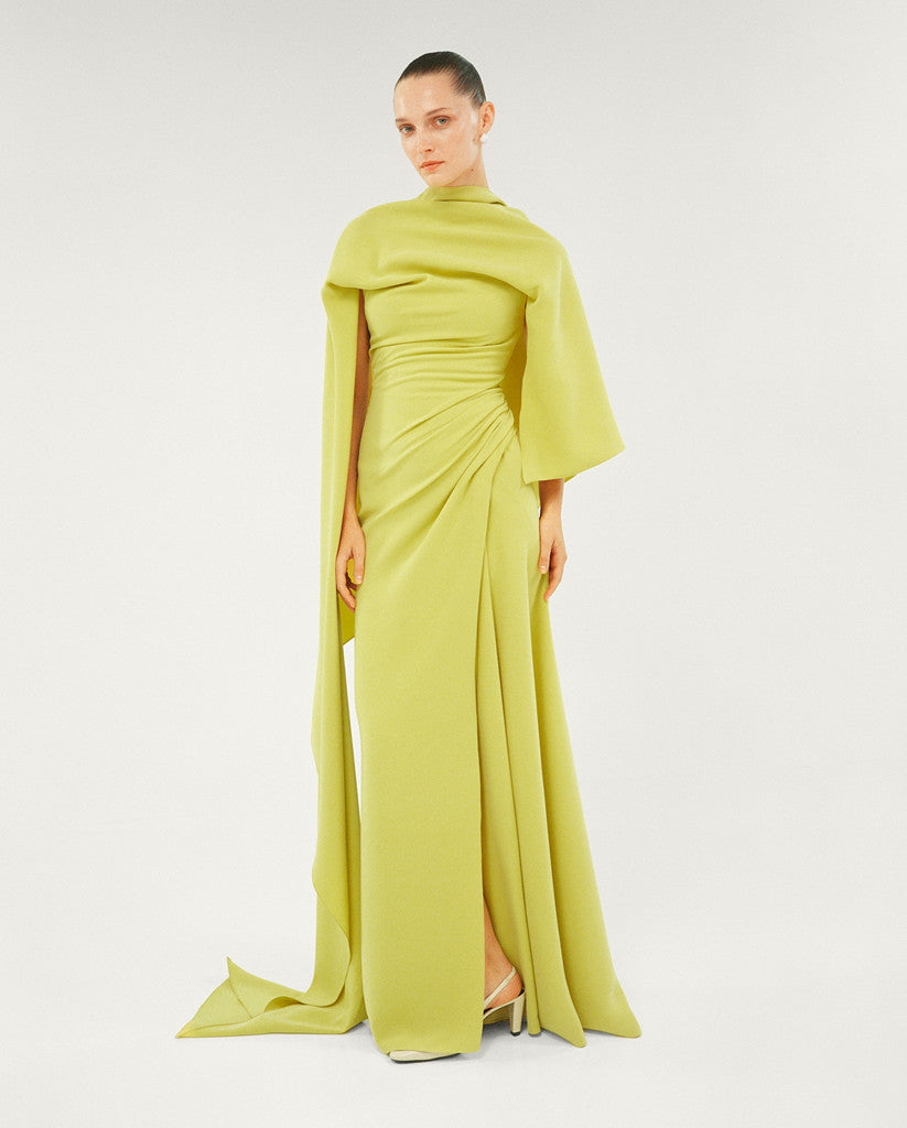 ASYMMETRCAL CREPE DRAPED DRESS WITH SLIT