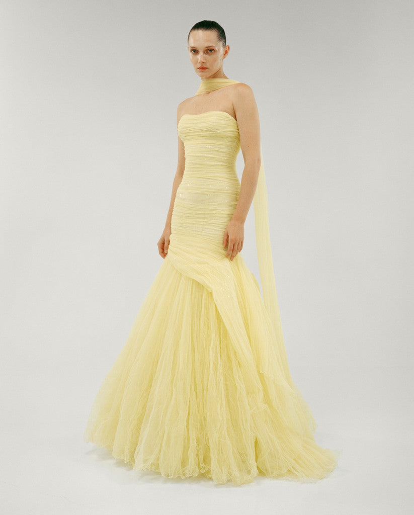 STRALESS FISH CUT TULLE DRAPED DRESS WITH EMBROIDERED SEQUIN