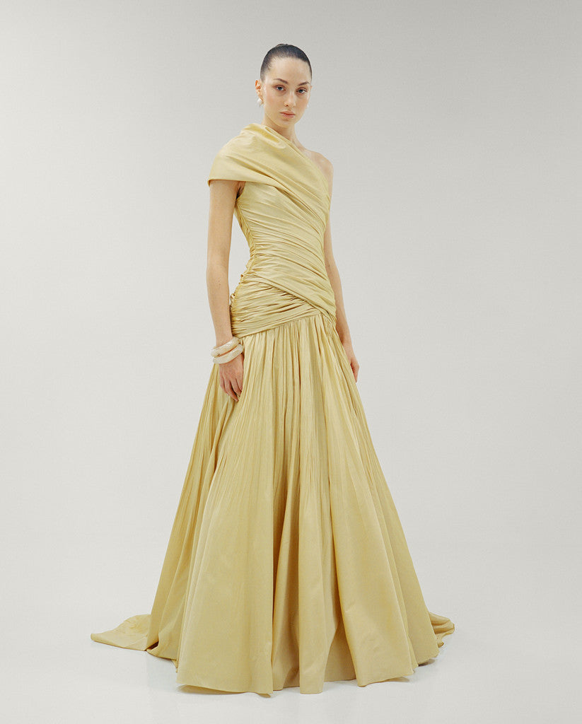 ONE SHOULDER DRAPED TAFFETA A-LINE CUT DRESS