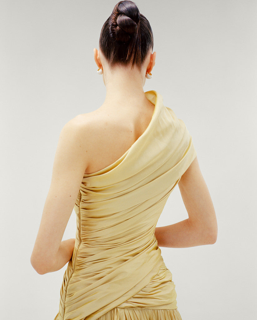 ONE SHOULDER DRAPED TAFFETA A-LINE CUT DRESS