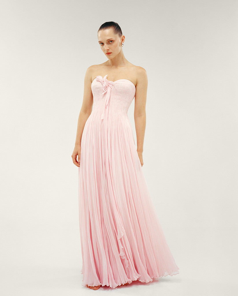 STRAPLESS CHIFFON GEORGETTE DRESS WITH EMBROIDERED PETALS ON BUST