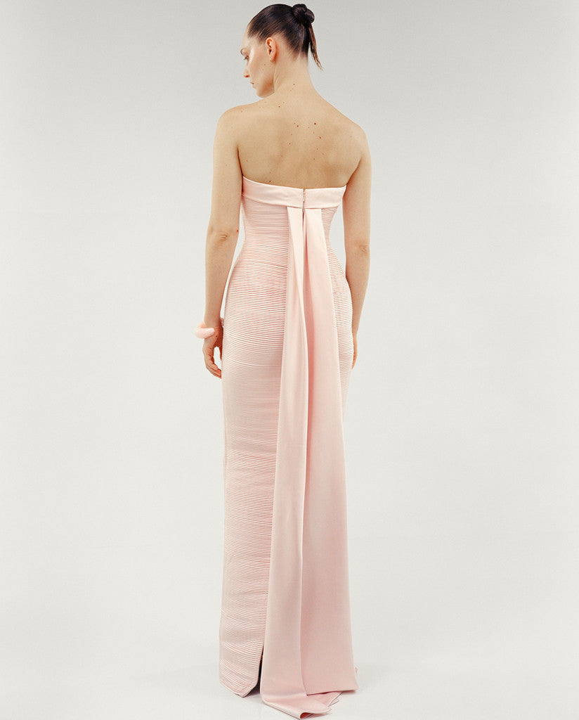 STRAPLESS PLEATED DUCHESSE SATIN DRESS WITH DUCHESSE SATIN BACK CAPE