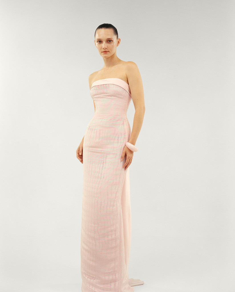 STRAPLESS PLEATED DUCHESSE SATIN DRESS WITH DUCHESSE SATIN BACK CAPE Pink / 36 / SATIN STRAPLESS PLEATED DUCHESSE SATIN DRESS WITH DUCHESSE SATIN BACK CAPE Pink / 36 / SATIN