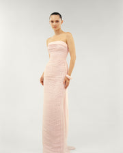 STRAPLESS PLEATED DUCHESSE SATIN DRESS WITH DUCHESSE SATIN BACK CAPE
