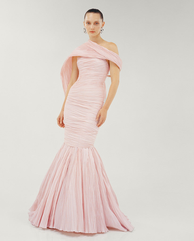 STRAPLESS FISH CUT HAND PLEATED TAFFETA DRESS WITH CAPE