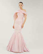 STRAPLESS FISH CUT HAND PLEATED TAFFETA DRESS WITH CAPE