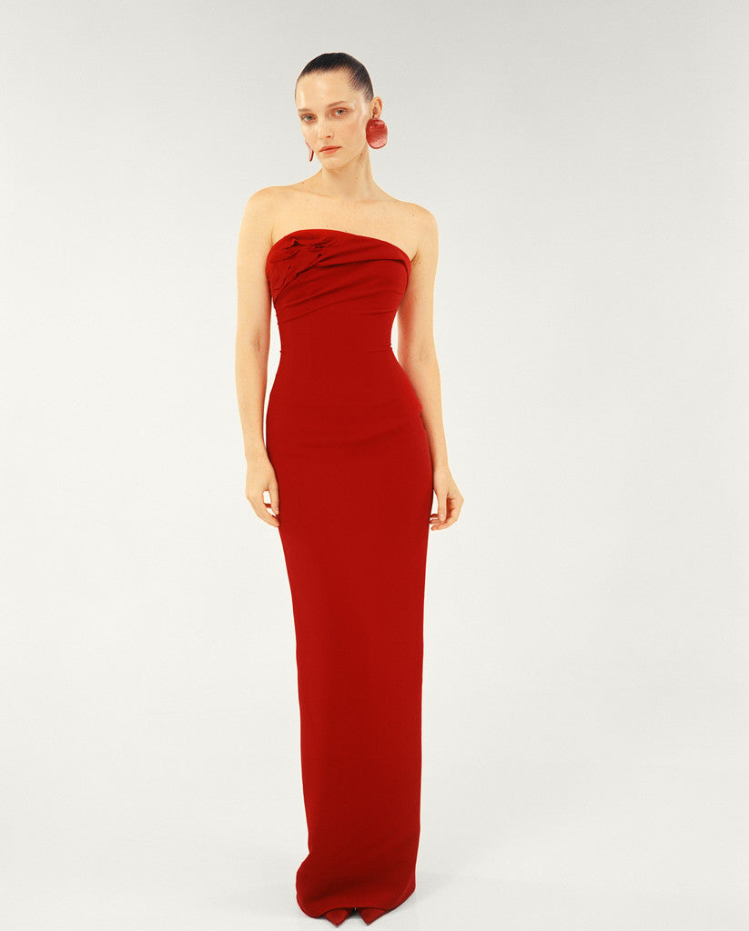 STRAPLESS ASYMMETRCAL CREPE GOWN WITH EMBROIDERED PETALS