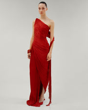 ONE SHOULDER DRAPED SILK ROSEYA HAND PLEATED GOWN