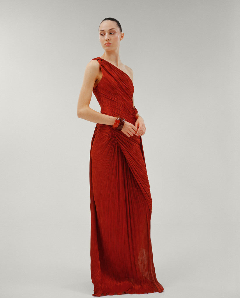one shoulder pleated dresses ONE SHOULDER DRAPED SILK Roseya HAND PLEATED GOWN Red / 38 / Roseya